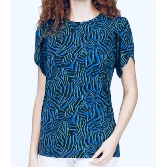 Michael Kors Womens 2X Top Black Blue & Green Abstract Print Short Sleeve - Picture 3 of 9
